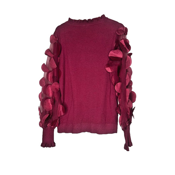 Sioni Milano Sweater Women's Medium Applique Floral Mesh Sleeve Burgundy Artsy - Picture 1 of 6